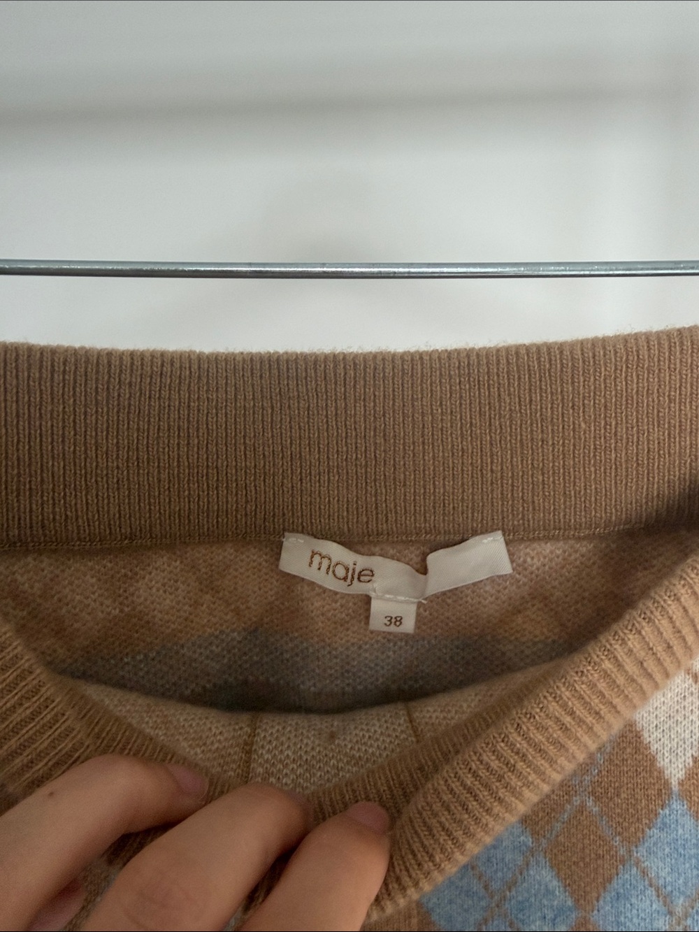 Maje Camel, Light Blue & Black Argyle Button-Front Knit Skirt - Picture 2 of 4